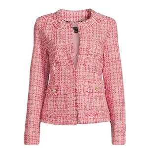 Nanette Lepore Women's Tweed Blazer Classic Plaid Pink Size Small Sparkly Pearl